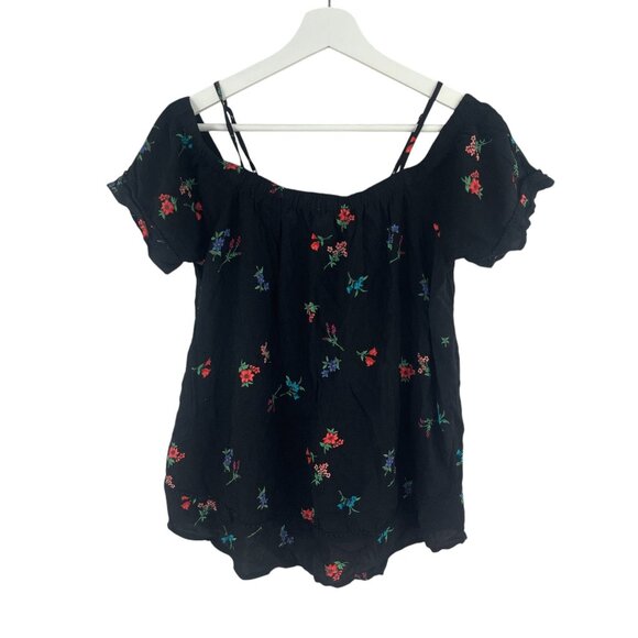 Old Navy Womens Floral Black Off The Shoulder Blouse XS Rayon Cottage core - Picture 5 of 5